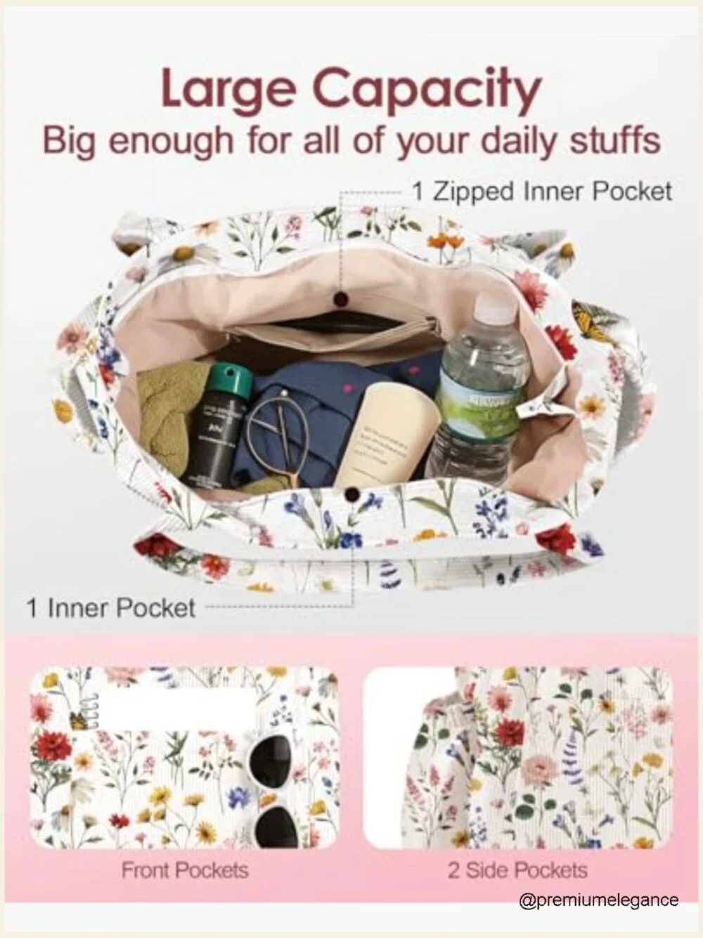 Large Corduroy Tote Bag with Zipper Multi-Pocket Shoulder Bag for School Work